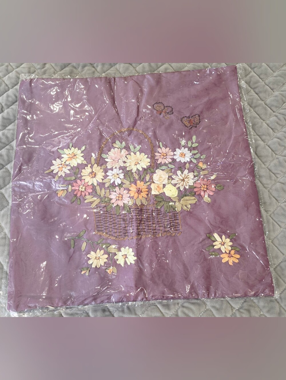 Vtg. Pillow Cover Satin Ribbon Embroidery Daisy Floral Basket Mauve 17"